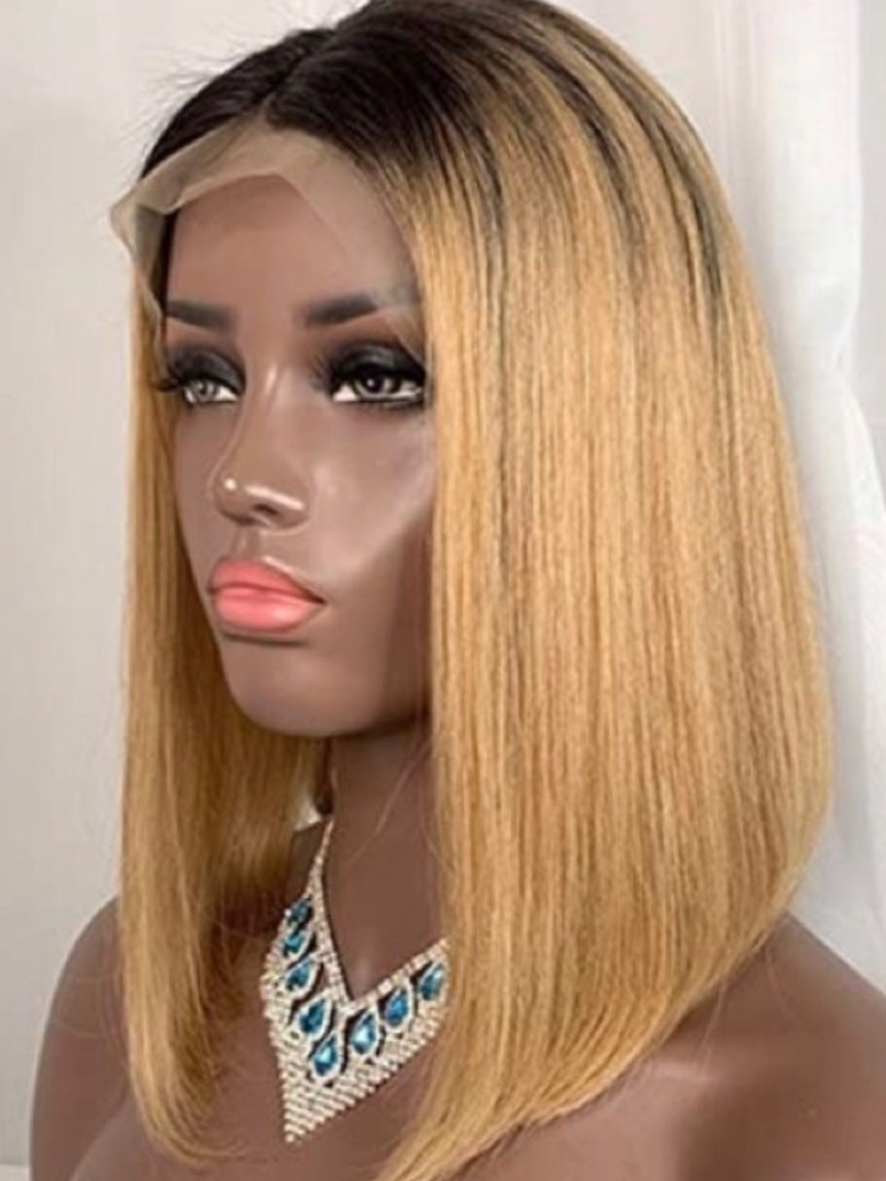 16 Inch #1B/27 Straight Human Hair 13x4T-Part Middle Part Bob Wig